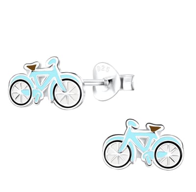 Joy|S - Zilveren fiets oorbellen - 9 x 6 mm - turquoise blauw - kinderoorbellen