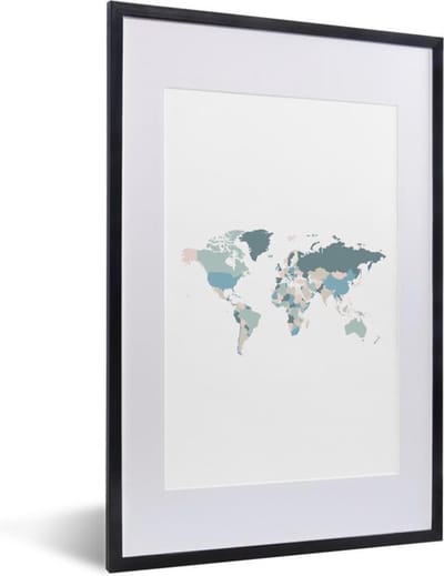 Poster in lijst - Fotolijst 40x60 cm - Posters - Wereldkaart - Pastel - Landen - Posterlijst zwart - Decoratie - Wanddecoratie woonkamer - Muurdecoratie slaapkamer