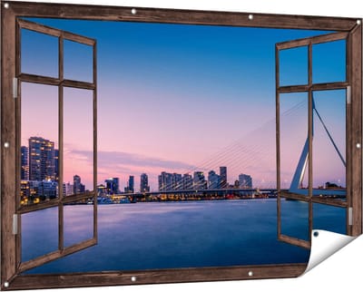 Gards Tuinposter Doorkijk Erasmusbrug in Rotterdam met Zonsondergang - 150x100 cm - Tuindoek - Tuindecoratie - Wanddecoratie buiten - Tuinschilderij