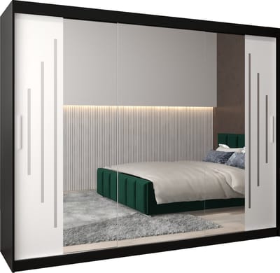 InspireMe - Kledingkast met 3 schuifdeuren, Modern-stijl, Een kledingkast met planken en een spiegel (BxHxD): 250x200x62 - MALTESE II 250 Zwart Mat + Wit Mat