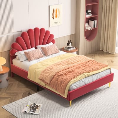 Gestoffeerd bed 140x200cm Meisjesbedframe met bloemenhoofdeinde, fluweelbeige, tweepersoonsbed, logeerbed, rozenrood, zonder matras (splitsen voor 2 pakketten voor verzending)