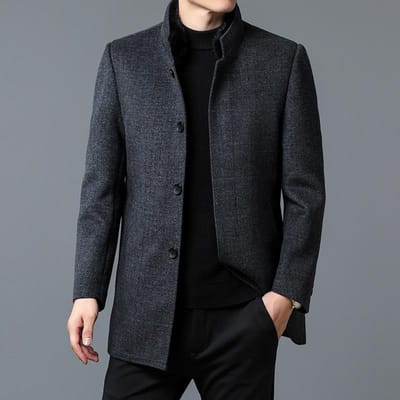 Winter Heren Wollen Overjas Nieuwe Middenleeftijdse Mode Opstaande Kraag Midilengte Donsveren Voering Afneembare Nertsbont Kraag 4XL black