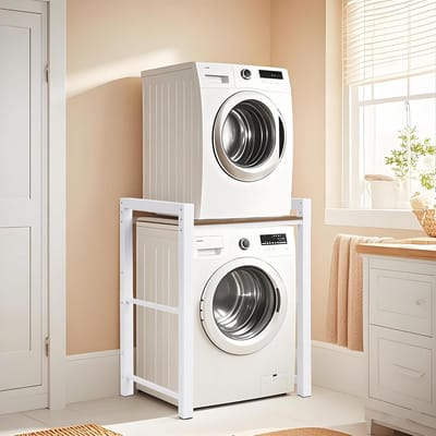 Wasmachinekast met droger 3-in-1 hoogte verstelbaar 300 kg opbergrek wit