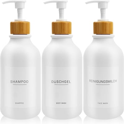 Famanu – Zeepdispenser flessen 3 stuks 500 ml – PET kunststof – met 22 witte etiketten – navulbare lotiondispensers – wit
