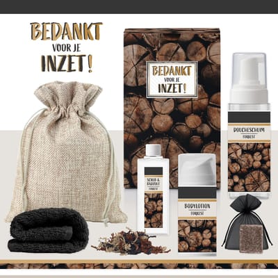 Geschenkset “Bedankt voor je inzet!” - 6 Producten - 540 gram - Triomf Cosmetica | Luxe cadeaubox voor hem Wellness Cadeaupakket man Giftset Kerst Geschenk Kerst Kerstpakket Cadeau Pakket Gift Set Collega Zorgwerker Medewerker Vrijwilliger Coach Goud
