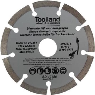 Toolland Diamantschijf, 115 mm, gesegmenteerd, droog snijden, 13300 tpm, 80 m/s, voor graniet, steen, baksteen, marmer, set van 2 stuks