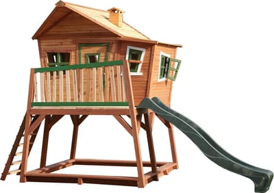 AXI Max Speelhuis in Bruin/Groen - Met Verdieping, Zandbak en Groene Glijbaan - Speelhuisje voor de tuin / buiten - FSC hout - Speeltoestel voor kinderen