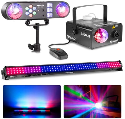BeamZ Vrijmibo lichtset - Met discolamp op statief, LED bar en rookmachine met jelly ball - RGB