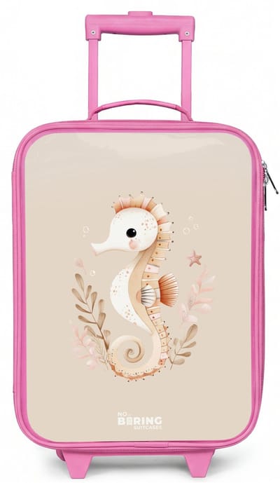 NoBoringSuitcases.com® - Kinderkoffer roze - Kindertrolley meisje - Roze zeepaardje tussen zeeplanten - Koffer kind lichtgewicht - Reiskoffer trolley voor kinderen - Koffertje met lichtgevende wieltjes - Rolkoffer