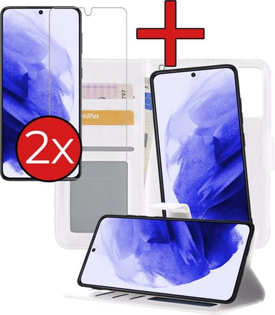 Hoesje - 2 in 1 - Geschikt voor Samsung Galaxy S21 - Met 2x Screenprotector - En Uitneembare Hard Cover - Kunstleer - Bookcase - Wallet Case - Met Pasjeshouder - Book Case - Uitneembaar - Pashouder - Kunstleer - Telefoonhoes - Wit