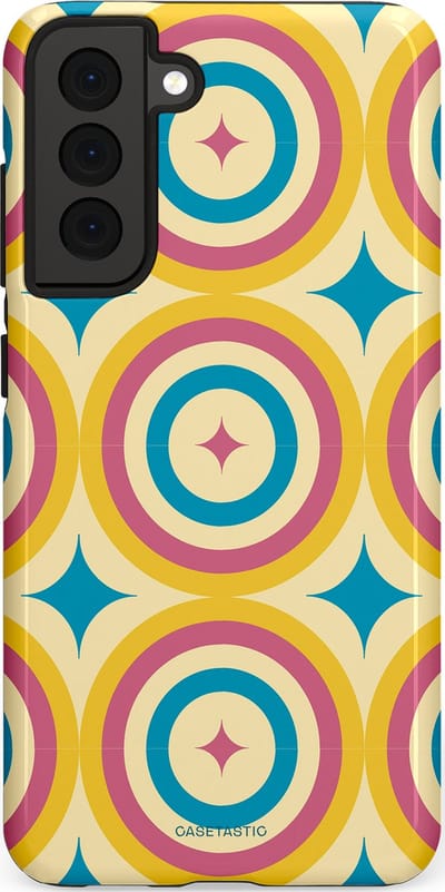 Casetastic hoesje geschikt voor Samsung Galaxy S21 FE 5G - Dubbellaagse bescherming - Swinging Retro Boogie Circles - Fashion Case - Crème Goud Lichtblauw Koraal