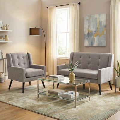 BLACKCOLORS Set van 2 bijzetstoelen (enkele stoel en dubbele stoel) – vulling van schuim met hoge dichtheid, aangenaam aanvoelende en duurzame stof, massief houten poten met beschermende glijders voor de vloer, voor de woonkamer en het thuiskantoor