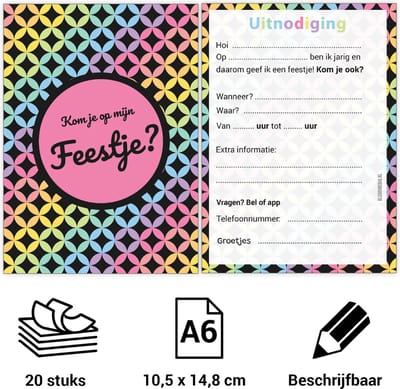 Uitnodiging kinderfeestje Disco - Voordeelset 20 stuks - Beschrijfbaar - Uitnodigingskaarten - Uitnodiging verjaardag - uitnodiging verjaardag feest - Uitnodiging kinderfeestje Jongen of Meisje - Uitnodiging feestje - uitnodigingen