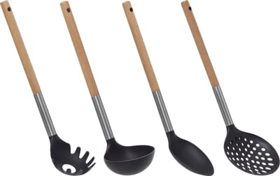 5Five Keukengerei opscheplepels set - 4x - zwart/lichtbruin - hout/rvs/kunststof - 32 cm