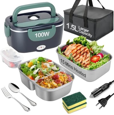 Draagbare elektrische lunchbox 100W - 3-in-1 verwarmde lunchbox voor auto, kantoor en vrachtwagen - Roestvrij staal 1,5L