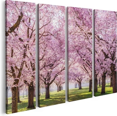 Artaza Canvas Schilderij Vierluik Roze Bloesembomen Park - Bloemen - 80x60 cm - Wanddecoratie Woonkamer - Schilderijen - Muurdecoratie