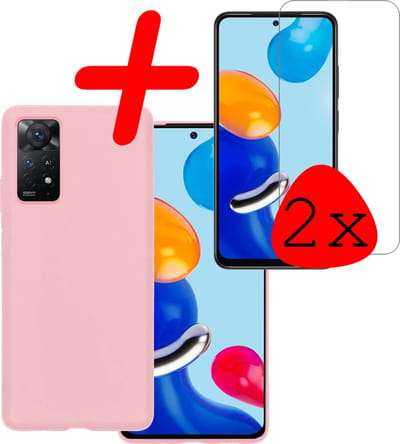 Hoesje Met 2x Screenprotector - Geschikt voor Xiaomi Redmi Note 11s - Sterk & Shockproof - Back Cover - Siliconen Case - Telefoon Hoes - Lichtroze