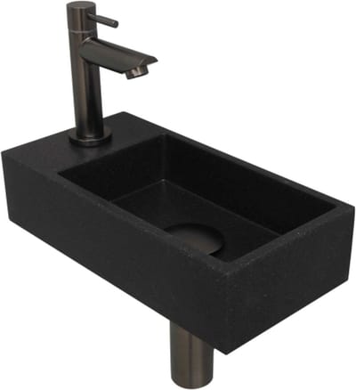 INK Versus fonteinpack inclusief quartz fontein met afzetplateau links, fonteinkraan, designsifon, designplug en montageset 36x9x18 cm, quartz zwart /