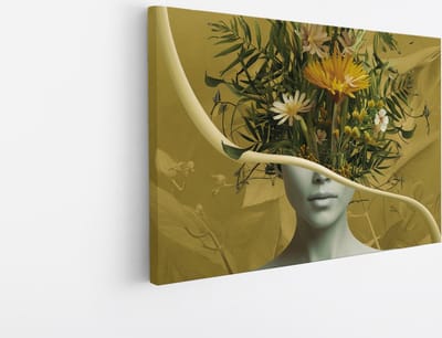 Saammp Canvas Schilderij - Vrouw met bloemen als hoofd - abstract - Kunst - 30x20 - Foto op canvas - Wanddecoratie - Muurdecoratie Woonkamer - Slaapkamer decoratie - Canvas Print