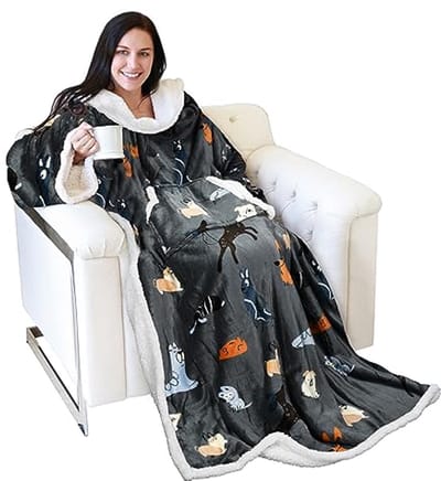 Dubbelzijdige TV-deken met Mouwen en Zakken – Warme micropluche Fleece Sherpa-deken voor Volwassenen – Uniseks – 185 x 140 cm