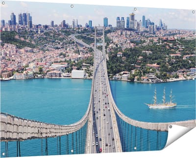 Gards Tuinposter Istanbul Bosporus Brug vanaf Boven - 150x100 cm - Tuindoek - Tuindecoratie - Wanddecoratie buiten - Tuinschilderij