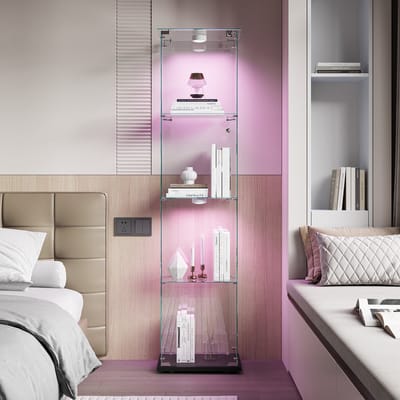 Glazen Vitrinekast 1 Deur – 4 Planken – Spot Verlichting – Afsluitbaar – Zwart