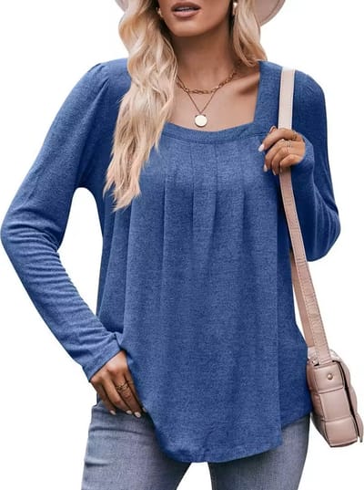 ASTRADAVI Casual Chic - Dames Blouse met Lage Hals - Stijlvolle Top met Geplooide Halslijn - Heather Koningsblauw / Small