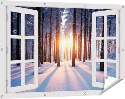 Gards Tuinposter Doorkijk Bos met Sneeuw tijdens de Zonsondergang - 120x80 cm - Tuindoek - Tuindecoratie - Wanddecoratie buiten - Tuinschilderij