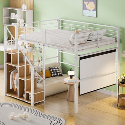 DESMIU Hoogslaper 140x200 cm – Met Opbergunit En Veilige Trap – Ruimte Onder Bed Voor Werkplek – Voor Jeugdkamer – Metaal En MDF – Wit – Zonder Matras
