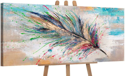Canvas schilderij panoramisch 115x50 handgeschilderd stralend verenkleed vogel – YS-Art Gallery – Uitbundige wanddecoratie voor woonkamer – Modern schilderij voor hal