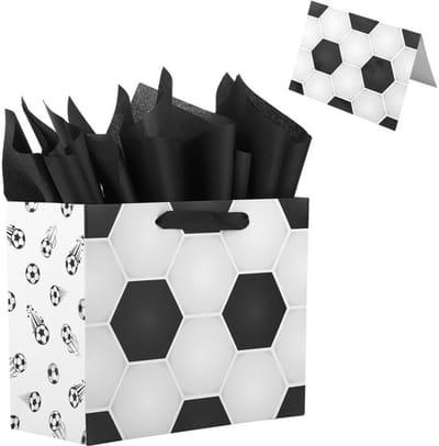Dailygoods- Cadeauzak Voetbal - Cadeauzakje 30x24x13,5cm - Karton - Vloeipapier - Wenskaart - Sport Thema Feest Decoratie - Giftbag