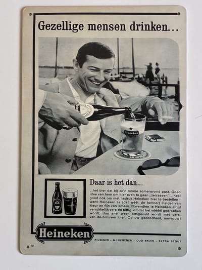 oude heineken reclame jaren 50 Metalen wandbord 20 x 30 cm - Mancave -Wand Decoratie - Metalen borden - Tekst borden - Metalen bord - Reclame bord - Vintage - Kroeg - Bar – Cafe - Horeca - retro