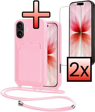 Hoes Geschikt voor iPhone 17 Hoesje Pasjeshouder Cover Met Koord Case Siliconen Hoes Met Telefoonkoord en Kaarthouder Met 2x Screenprotector - Lichtroze
