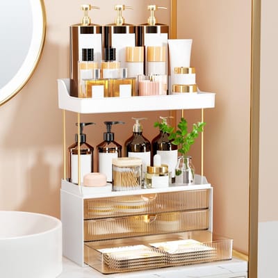 Dailygoods- Make-up Organizer - Upgrade 2 Etages - 3 Laden - Grote Vanity Organizer - Cosmetica Organizer - Prachtige Badkamerorganizer - Verbeterde Opslagcapaciteit