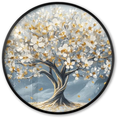 Poster in lijst Rond - Fotolijst 60x60 cm - Posters - Boom - Winter - Levensboom - Modern - Goud - Ronde posterlijst zwart - Decoratie - Wanddecoratie woonkamer - Muurdecoratie slaapkamer