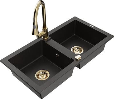 Mexen Mario granieten gootsteen met 2 kamers en keukenmengkraan Elia, zwart/goud metallic - 6504-75-670101-50