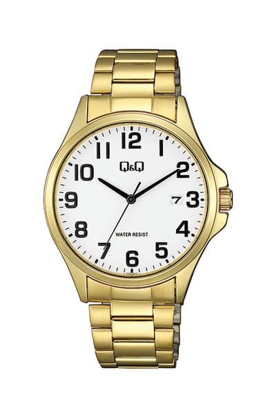 Q&Q A480J004Y - Horloge - Analoog - Mannen - Heren - stalen band - Rond - Staal - Cijfers - Datumaanduiding - Goudkleurig - Wit