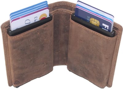 Oi Hunter bruine leren gewone maat portemonnee met dubbele Figuretta Cardprotector / compacte beurs met dubbele metalen pasjeshouder / 2 anti skim kastjes in portemonnee / portemonnee voor heel veel pasjes / bruin leer / 344H