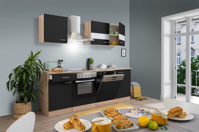 Goedkope keuken 220  cm - complete keuken met apparatuur Merle  - Eiken/Zwart - soft close - keramische kookplaat - vaatwasser - afzuigkap - oven    - spoelbak