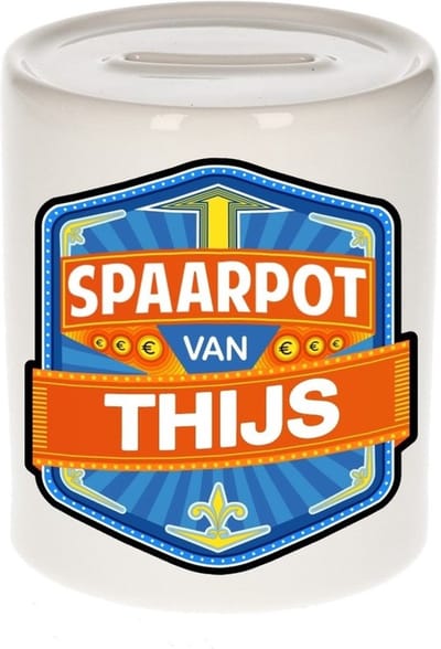 Bellatio Decorations Kinder spaarpot met naam - Thijs - keramiek - met dop - wit - Sparen - Spaargeld van Thijs