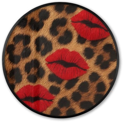 Poster in lijst Rond - Fotolijst 60x60 cm - Posters - Lippen - Drie - Rood - Panterprint - Ronde posterlijst zwart - Decoratie - Wanddecoratie woonkamer - Muurdecoratie slaapkamer
