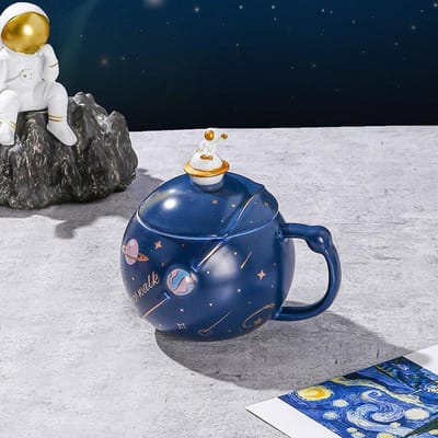 Creatieve Astronaut Mok Sterrenhemel Keramische Mok met Deksel en Lepel Mok met Grote Inhoud 401-500ml gray