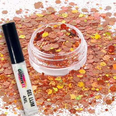Festival Chunky Glitters Rose Goud 8g + Glitter Huid Lijm 4ML - Biologisch Afbreekbaar - Glitter voor Lichaam en Gezicht - Face & Body Make-up Jewels - Glitter Tattoo Set - Make Up Biodegradable - Glitter Tattoo Set