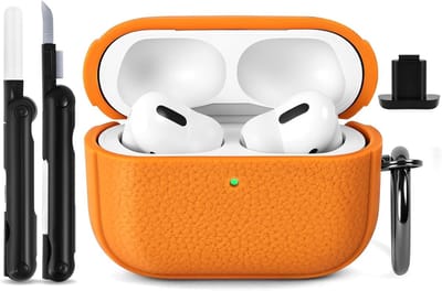Beschermhoes voor AirPods Pro 3 (2025) met Reinigingskit, TPU en Leren Structuur, Volledige Valbescherming, Sleutelhanger en LED Indicator - Oranje
