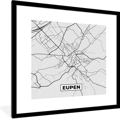 Fotolijst incl. Poster Zwart Wit- België – Eupen – Stadskaart – Kaart – Zwart Wit – Plattegrond - 40x40 cm - Posterlijst
