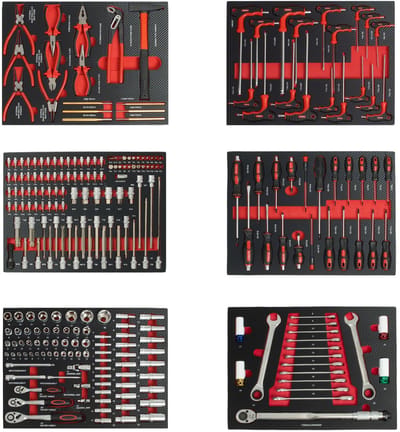 6x Werkstatteinlagen 520 x 400 mm bestückt mit 254 Teilen Chrom-Vanadium Werkzeug rot