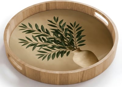 Dienblad rond 40x40 cm - Schootdienblad hout - Vaas - Olijftakken - Bladeren - Beige - Borrelplank rechthoek - Plateau houten dienbladen
