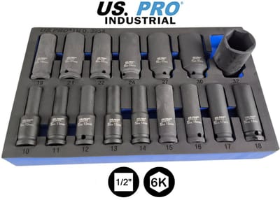 Professionele Krachtdoppenset met 16 lange 1/2" krachtdoppen 10 - 11 - 12 - 13 - 14 - 15 - 16 - 17 - 18 - 19 - 21 - 22 - 24 - 27 - 30 en 32 mm (16-delig)