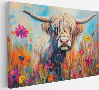 Saammp Canvas Schilderij Schotse Hooglander Koe op een rots - Dieren - Natuur - 30x20 - Foto op canvas - Wanddecoratie - muurdecoratie Woonkamer - Slaapkamer decoratie - Canvas Print