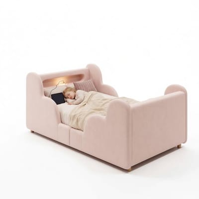 Eenzaambed 90x200 cm met Hoofdbord, Velvet Bekleding, Massief Houten Poten - Roze.